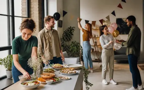 Préparatifs joyeux pour une fête familiale. Des amis décorent, gonflent des ballons et dressent une table garnie de plats savoureux.