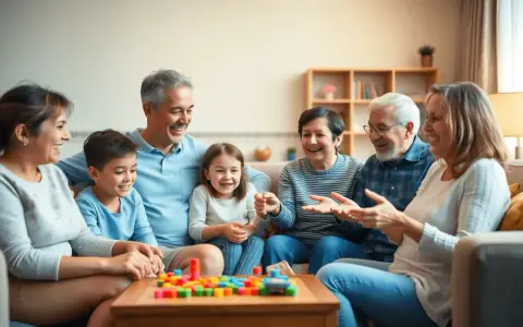 Famille réunie autour d'un jeu de construction coloré, un joyeux rallye photo enfant en perspective.