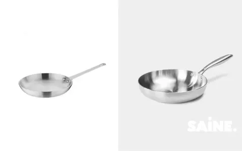 Deux poêles en inox ou aluminium, l'une à gauche, l'autre à droite avec le logo SAINE.