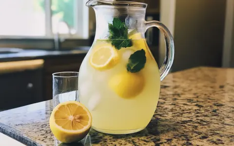 Un pichet de citronnade maison rafraîchissante, garni de citrons et de menthe, prêt à être servi avec un verre et un demi-citron sur un comptoir.