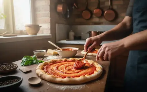 Une main étalant de la sauce tomate sur une pâte à pizza, des ingrédients frais à proximité, pour faire une pizza maison.
