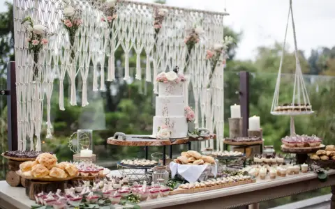 Un buffet de mariage bohème avec un gâteau à trois étages, des petits fours, des verrines et des pains. Une décoration macramé et florale complète cette idée repas mariage.