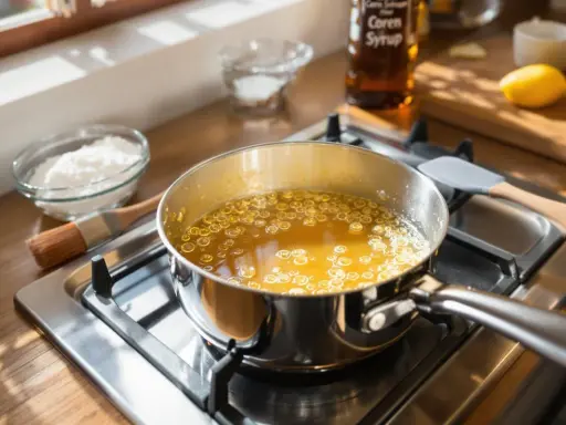 Une casserole de liquide doré bouillonne sur la cuisinière. Des ingrédients comme du sucre glace et un citron sont à proximité, suggérant une recette. Apprenez comment enlever du caramel dans une casserole.