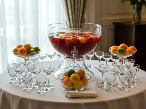Un grand punch Lafayette débordant de fruits, entouré de verres et de bols d'oranges et de citrons verts, prêt pour une fête.