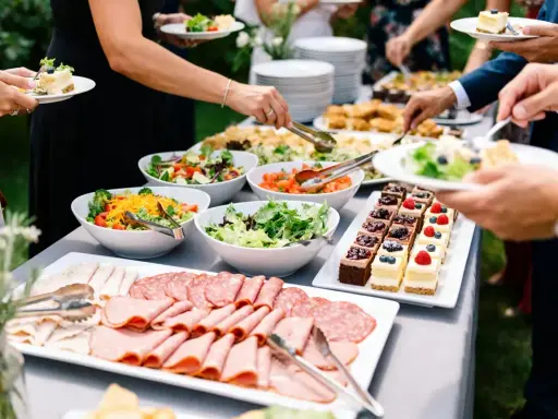 Un buffet garni pour un plat soiree : salades fraîches, charcuteries, et petits gâteaux décorés. Les invités se servent.