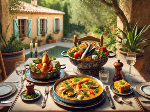 Un festin de fruits de mer et de légumes, un vrai repas provençal, servi sur une terrasse ensoleillée avec une piscine en arrière-plan.