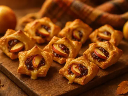 Petits fours salés en pâte feuilletée, garnis de pommes caramélisées et d'un soupçon de fromage fondant. Parfaits pour un apéritif gourmand.
