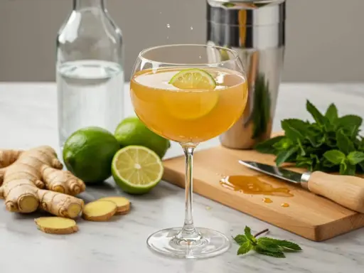 Un cocktail gingembre rafraîchissant, garni d'une tranche de citron vert, avec du gingembre frais, des citrons verts et de la menthe disposés autour.