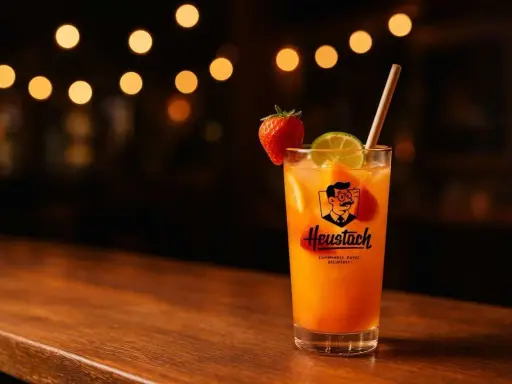 Un verre de punch sans alcool, garni de fruits frais et d'une paille, sur un bar en bois, avec des lumières douces en arrière-plan.