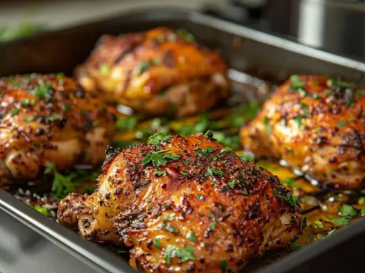 Quatre morceaux de poulet rôtis, parsemés de persil frais, parfaits pour une recette poulet froid pour buffet.