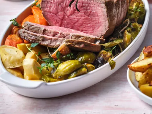 Tranches de rosbeef froid, accompagnées de pommes de terre rôties, carottes et choux de Bruxelles dans un plat blanc.