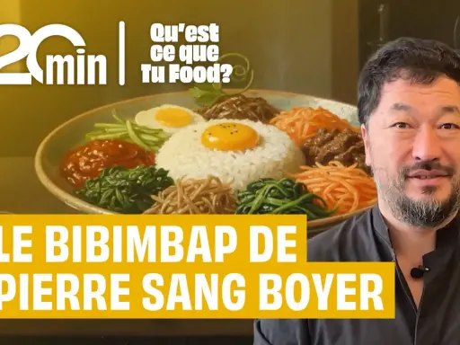 Le bibimbap de Pierre Sang Boyer, un plat coréen coloré avec riz, légumes et œuf.