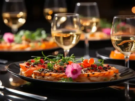 Un délicieux repas EVJF avec des assiettes raffinées, des garnitures colorées et des verres de vin blanc pétillant.
