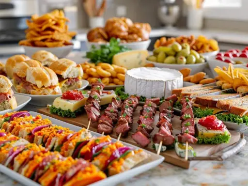 Un festin de petit four apéro : brochettes de viande, mini-sandwichs, fromages, olives et chips. Parfait pour un apéritif convivial.