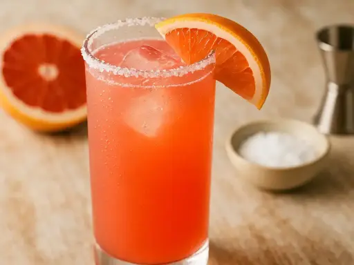 Un verre de Paloma, cocktail rose vif, garni d'une tranche de pamplemousse et de sel. La recette est simple et rafraîchissante.