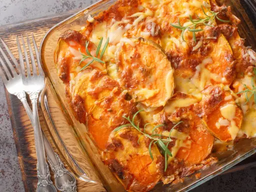 Gratin de patates douces au fromage, prêt pour un repas d'anniversaire. Deux fourchettes argentées sont posées sur le côté.