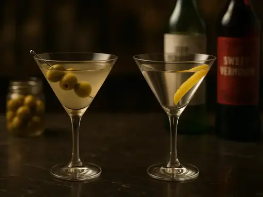 Deux martinis, l'un garni de trois olives, l'autre d'un zeste de citron. Un pot d'olives et des bouteilles de vermouth en arrière-plan.