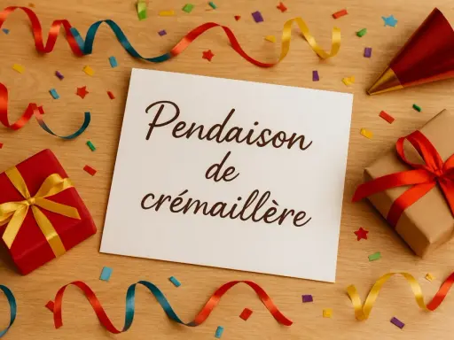 Carte "Pendaison de crémaillère" entourée de cadeaux, confettis et serpentins. Idéal pour organiser une crémaillère festive !