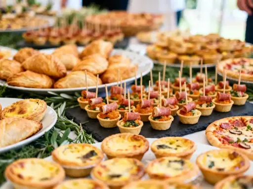 Buffet d'entrée pour un repas d'anniversaire adulte : mini-quiches, feuilletés, tartes salées, pizzas et amuse-bouches.