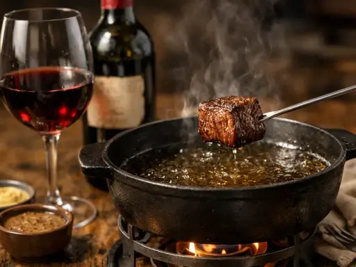 Un morceau de bœuf est plongé dans l'huile bouillante d'une fondue bourguignonne. Un verre de vin rouge et des sauces accompagnent ce plat savoureux.