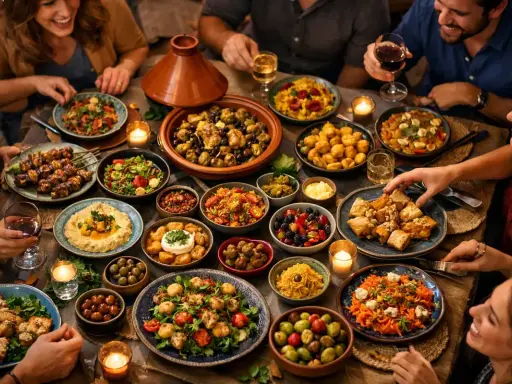 Un groupe d'amis partage un déjeuner convivial autour d'une table remplie de plats variés et colorés.