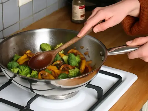 Une personne remue des légumes dans une poêle en inox alimentaire avec une cuillère en bois.