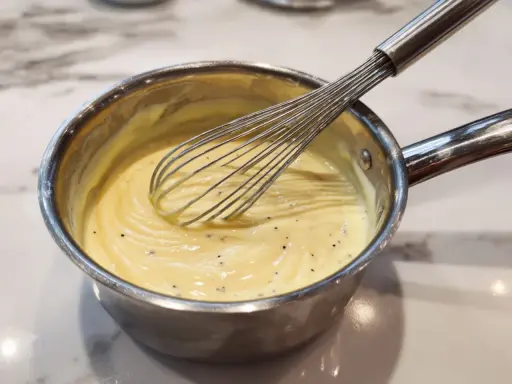 Préparation d'une crème onctueuse pour un flan Cyril Lignac, avec un fouet en action.