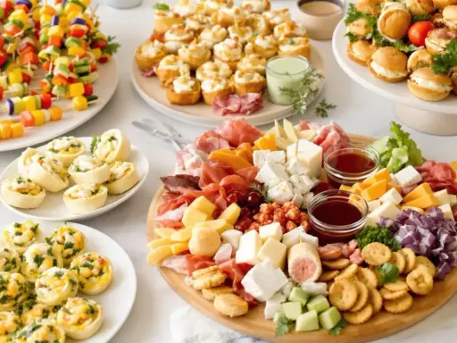 Plateau de petits fours salés froids : brochettes de légumes colorés, roulés, mini-sandwichs et assortiment de fromages et charcuteries.