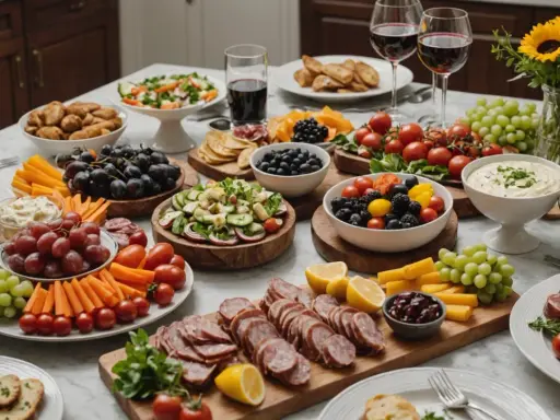 Un apéritif dinatoire généreux : charcuteries, fromages, fruits frais, légumes croquants et dips variés, prêt à régaler.