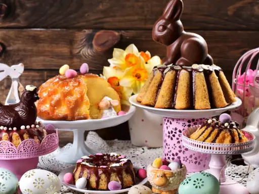 Un festin de Pâques : gâteaux, poule et lapin en chocolat, œufs décorés. Un vrai dessert de Pâques traditionnel pour célébrer.