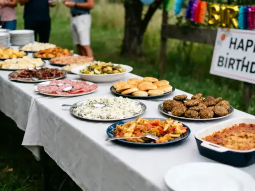 Buffet d'anniversaire en plein air : salades, charcuterie, boulettes et gratins composent ce repas d'anniversaire original et pas cher.