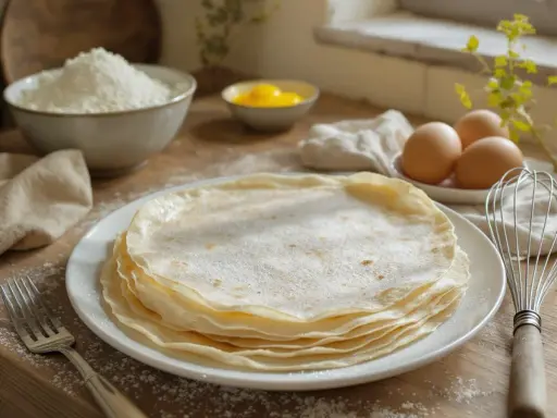 Une pile de crêpes de riz fines et dorées, saupoudrées de sucre glace, prêtes à être dégustées. Des ingrédients pour les préparer sont disposés autour.
