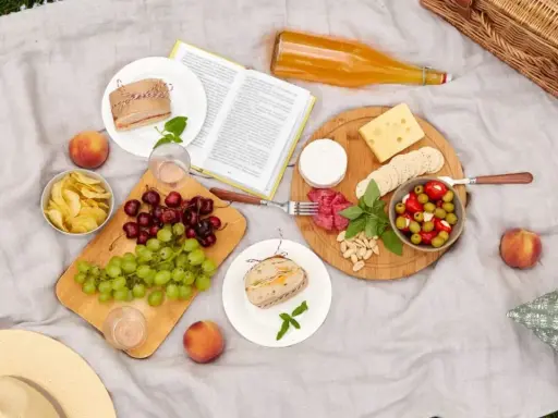 Un plateau de fromages, fruits, sandwichs et chips : voilà quoi prendre pour un picnic parfait.