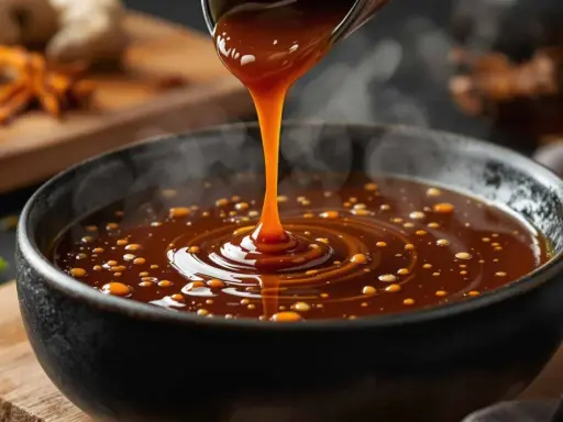 Une sauce épaisse et brillante, probablement une marinade teriyaki, coule d'un pichet dans un bol. Des bulles dorées flottent à la surface.