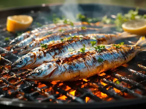 Sardines grillées sur le feu, parsemées de persil et accompagnées de quartiers de citron. Une délicieuse sardinade recette à savourer.