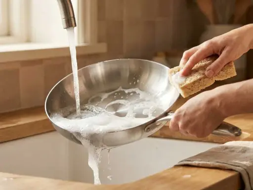 Main d'une personne nettoyant une poêle Tefal avec du vinaigre blanc et une éponge sous un robinet d'eau savonneuse.