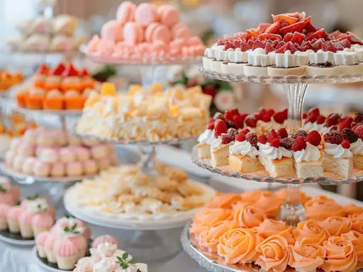 Un magnifique buffet dessert avec macarons roses, tartes aux fruits rouges et gâteaux individuels garnis de crème et de fruits.