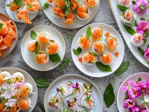 Idée entrée froide mariage : assortiment de sushis et makis raffinés, décorés de saumon, œufs de poisson, herbes fraîches et fleurs comestibles.