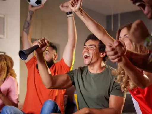 Des supporters en pleine soiree foot, exultant devant leur écran. Un homme lève un ballon, un autre souffle dans une trompette.