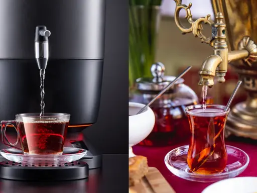 Comparaison de deux méthodes de préparation du thé : un samovar traditionnel et un distributeur moderne. Le samovar fonctionnement est illustré par un robinet doré versant du thé dans un verre.