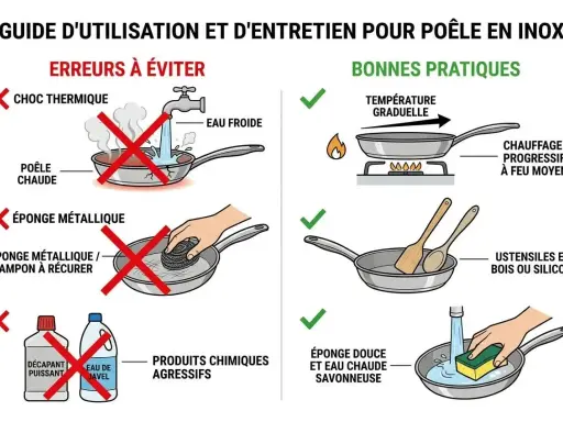 Guide pour nettoyer dessous poêle en inox : éviter choc thermique, éponge métallique et produits agressifs. Privilégier chauffe progressive, ustensiles bois/silicone et éponge douce.