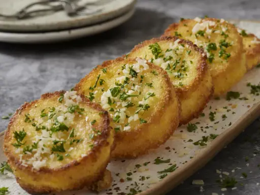 Cinq rondelles dorées de polenta croustillante, saupoudrées de persil frais et de parmesan râpé, sur un plateau.