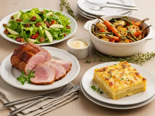Un rôti de porc froid tranché, servi avec une salade verte croquante, des légumes rôtis, un gratin et une sauce crémeuse. Parfait pour un repas d'été.