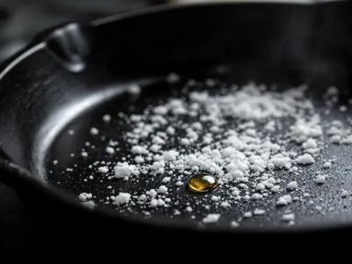 Goutte d'huile dorée sur une **casserole noircie** saupoudrée de sel. Prête pour une cuisson savoureuse.