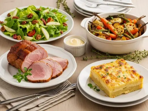 Un rôti de porc tranché, servi avec une salade verte, des légumes rôtis et un gratin dauphinois. Parfait accompagnement froid pour viande.