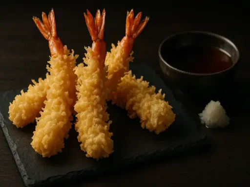 Trois crevettes tempura dorées et croustillantes, servies avec une sauce et du radis râpé. Un délice à savourer !
