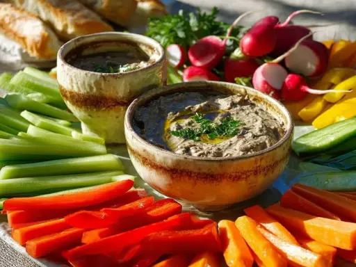 Assiette colorée de crudités avec deux bols d'anchoïade recette traditionnelle, pain et radis.