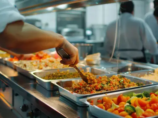Un cuisinier sert des plats colorés dans des bacs GN 2/1. Des légumes frais et des céréales composent ce buffet appétissant.