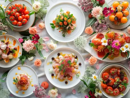 Un magnifique repas de mariage avec des assiettes colorées, des tomates cerises et des fleurs.