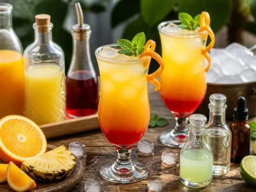 Deux cocktails sans alcool anniversaire aux couleurs vives, garni de menthe et d'écorce d'orange, avec des fruits frais et des jus en arrière-plan.